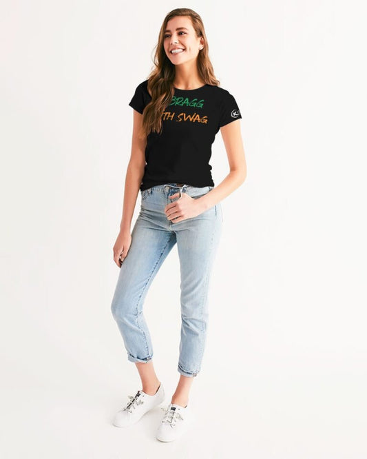 Kadobe Women I Bragg With Swag Black Short Sleeve Crew Neck T Shirt