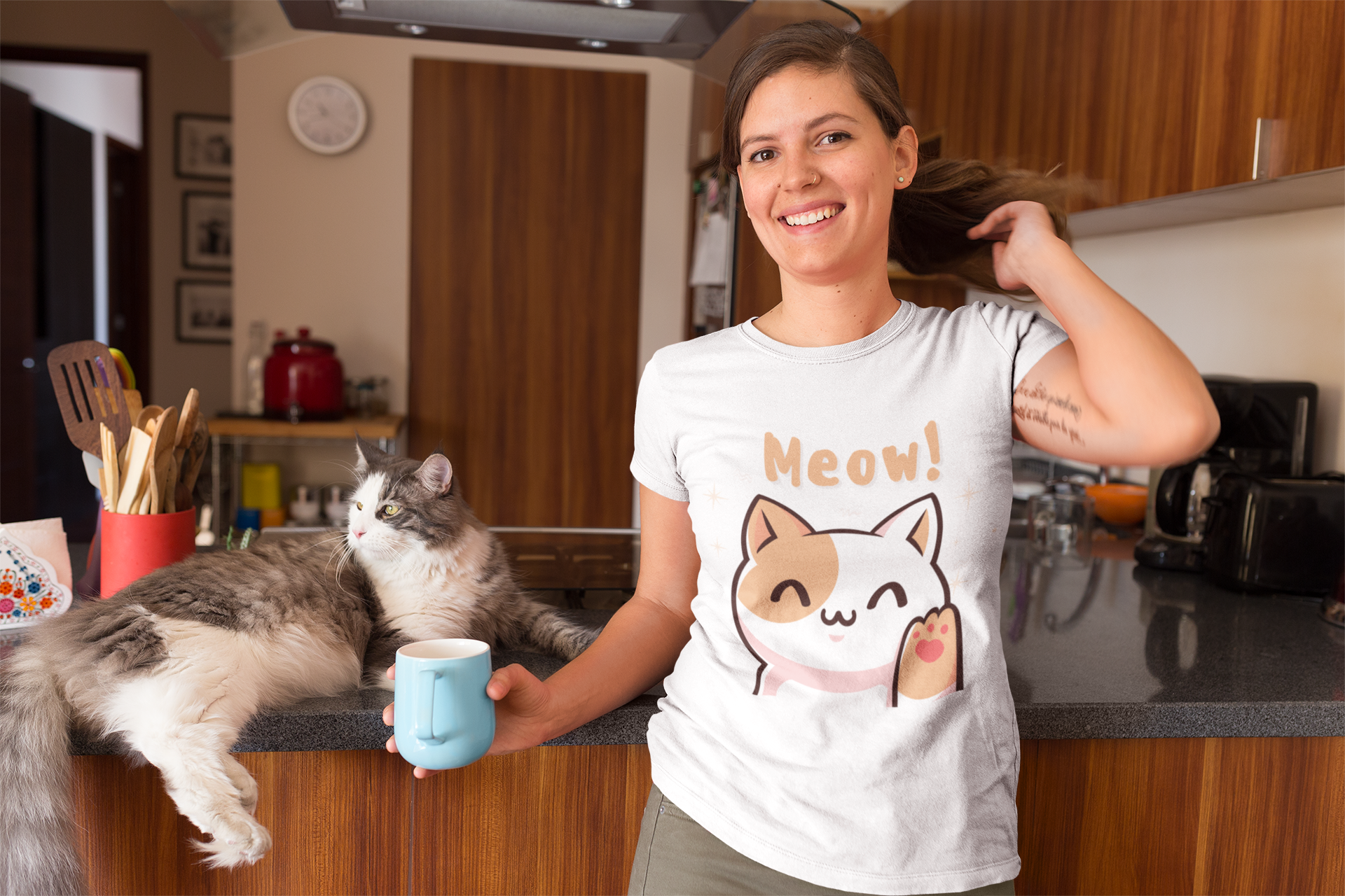 Women's Meow! Waving Cat T-Shirt | Cute Pet Tee