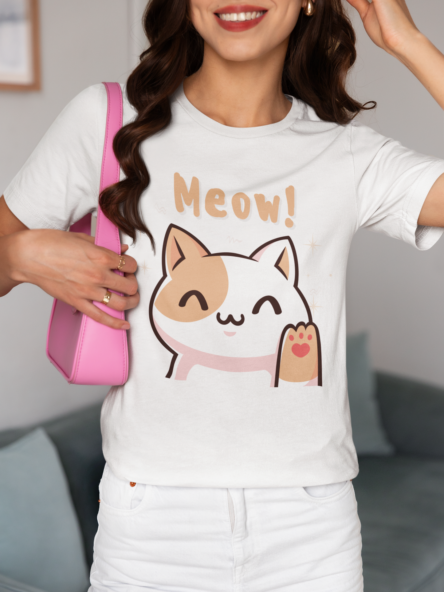 Women's Meow! Waving Cat T-Shirt | Cute Pet Tee
