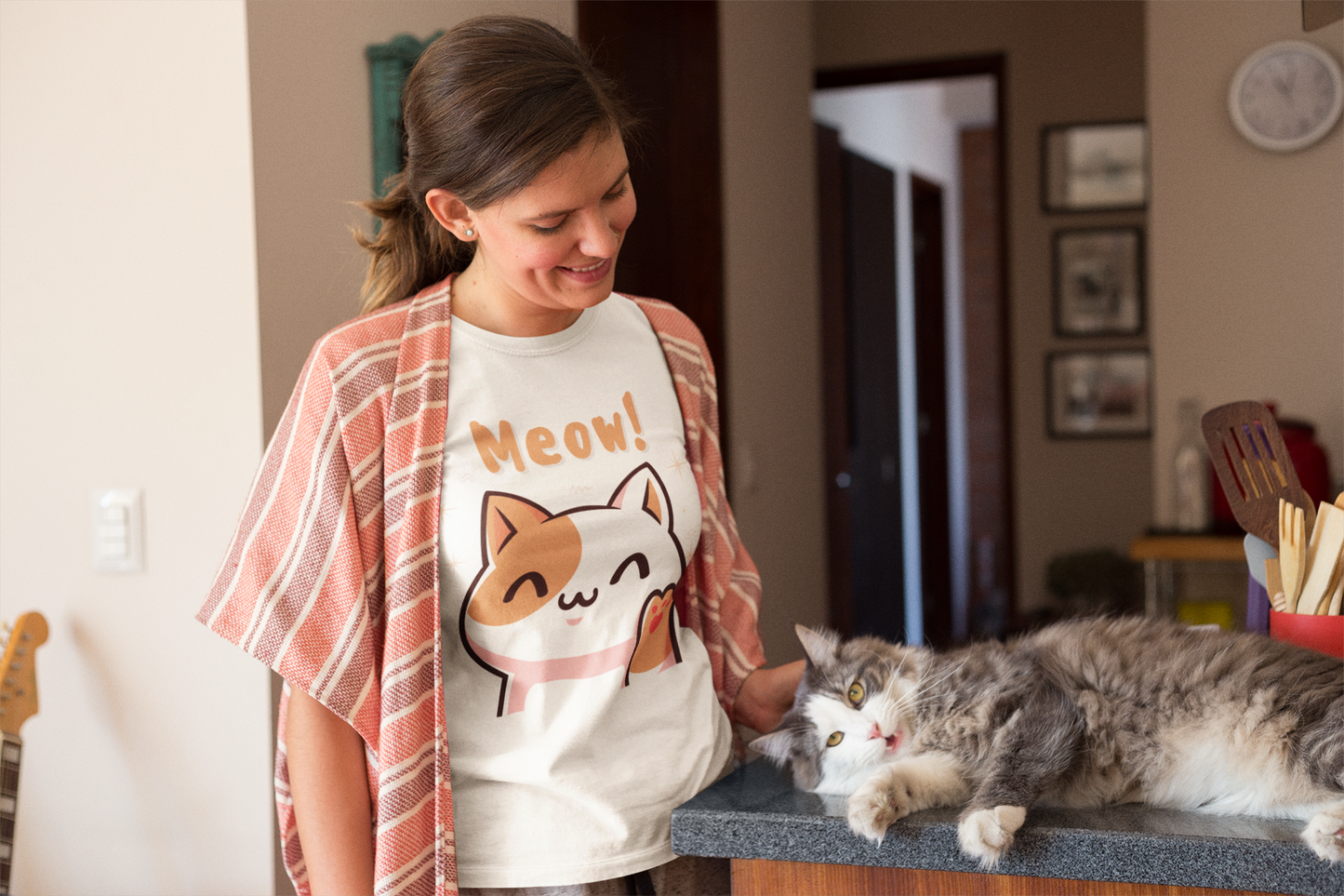 Women's Meow! Waving Cat T-Shirt | Cute Pet Tee