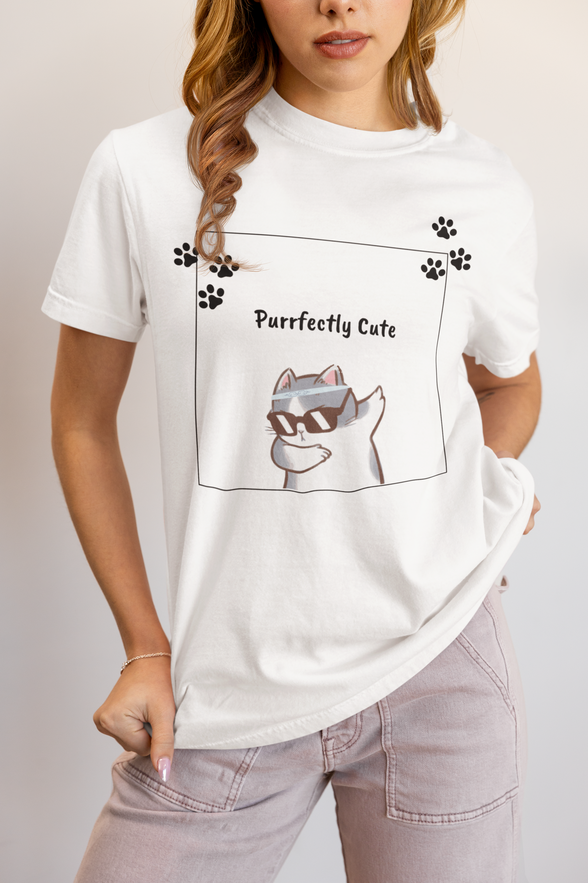 Stylish Women's Purrfectly Cute Cat T-Shirt Kitty Paw Print Tee