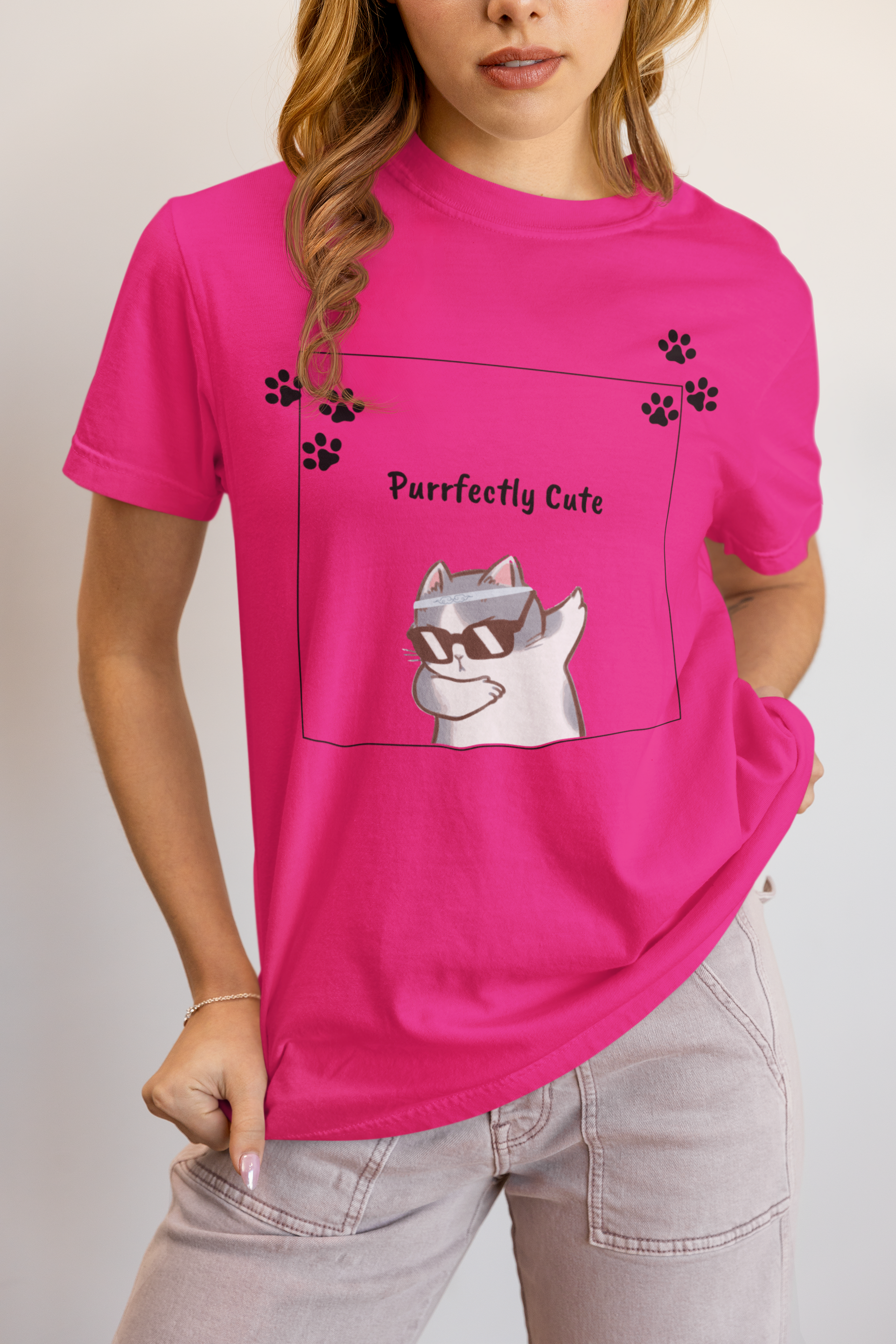 Stylish Women's Purrfectly Cute Cat T-Shirt Kitty Paw Print Tee