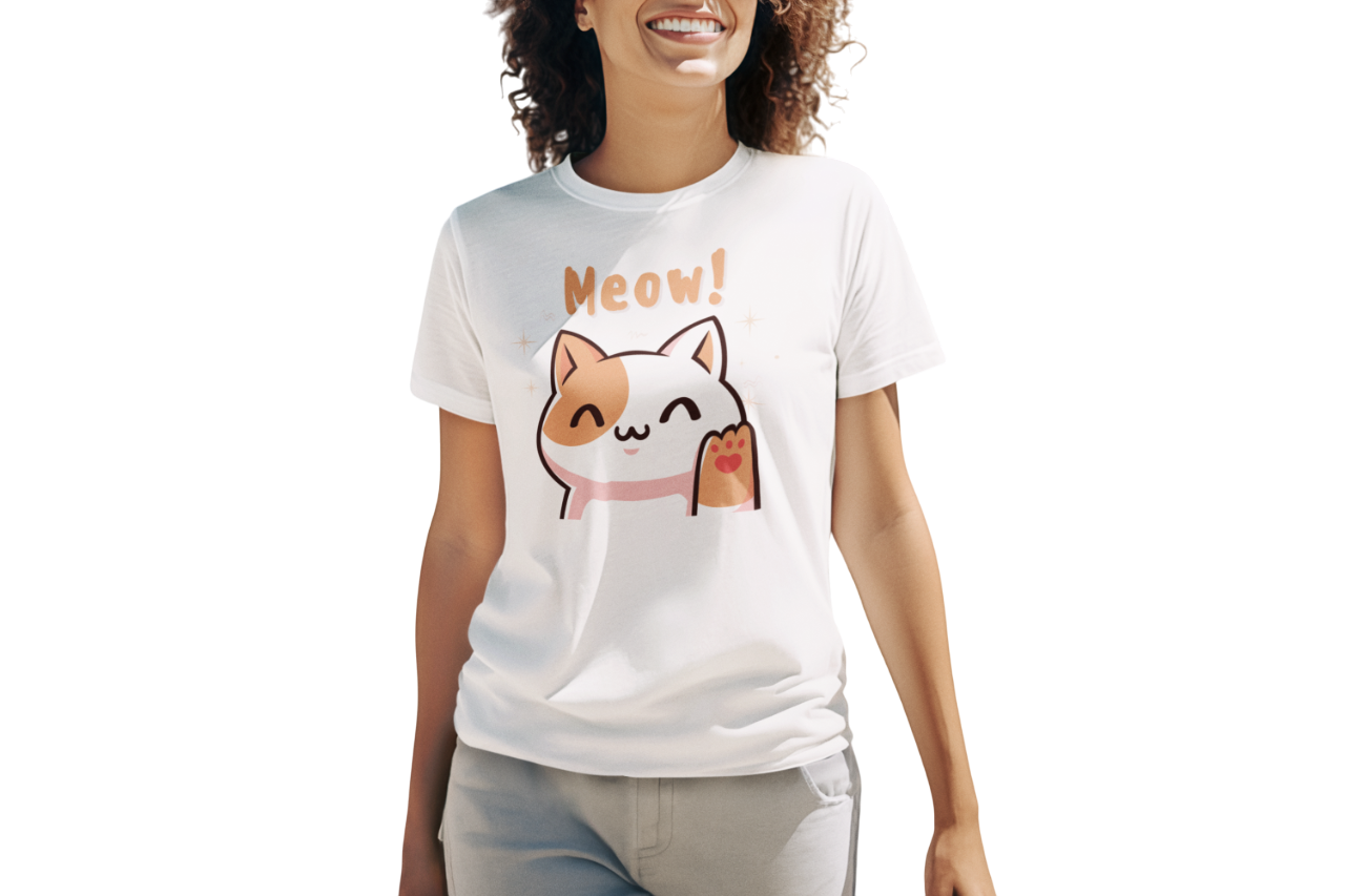 Person wearing a white t-shirt with a cat graphic and 'Meow!' text on a white background
