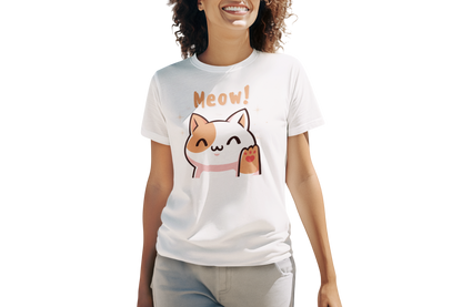 Person wearing a white t-shirt with a cat graphic and 'Meow!' text on a white background
