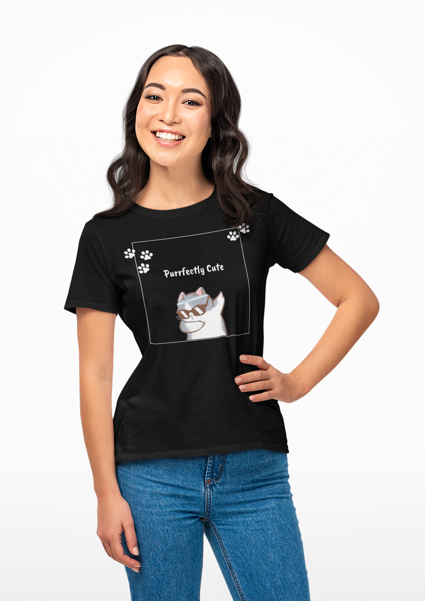 Stylish Women's Purrfectly Cute Cat T-Shirt Kitty Paw Print Tee