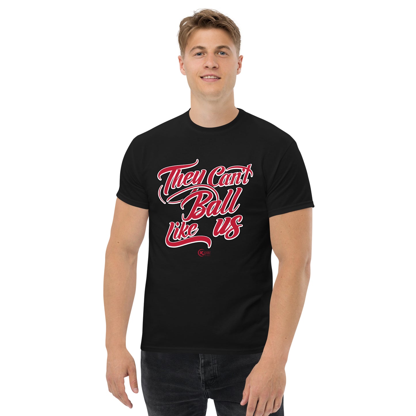 Unisex classic tee THEY CAN’T BALL LIKE US Red and Black